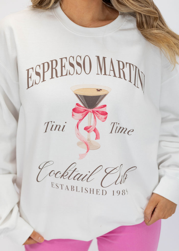 white sweatshirt with brown "Espresso Martini Cocktail Club" print