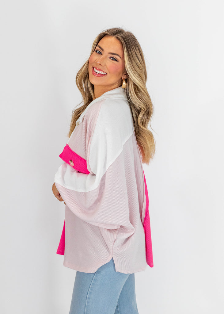 pink color-block button oversized top