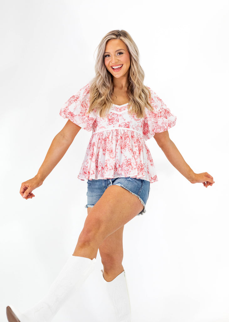 red & white floral babydoll top with puff short sleeves