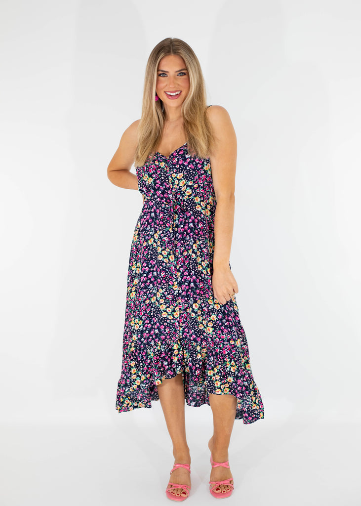 navy midi dress with pink/yellow dainty floral print