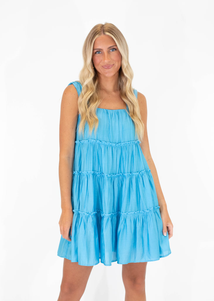blue tiered mini dress