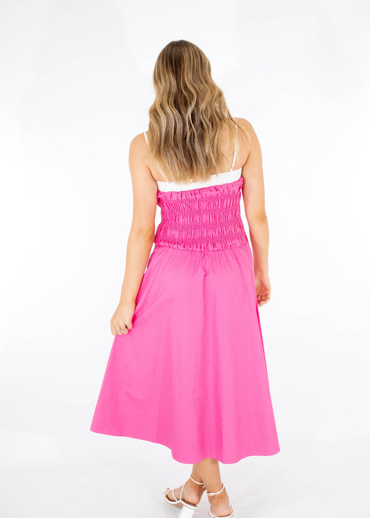 pink smocked midi dress