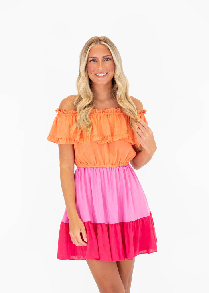 orange and pink layered off shoulder dress